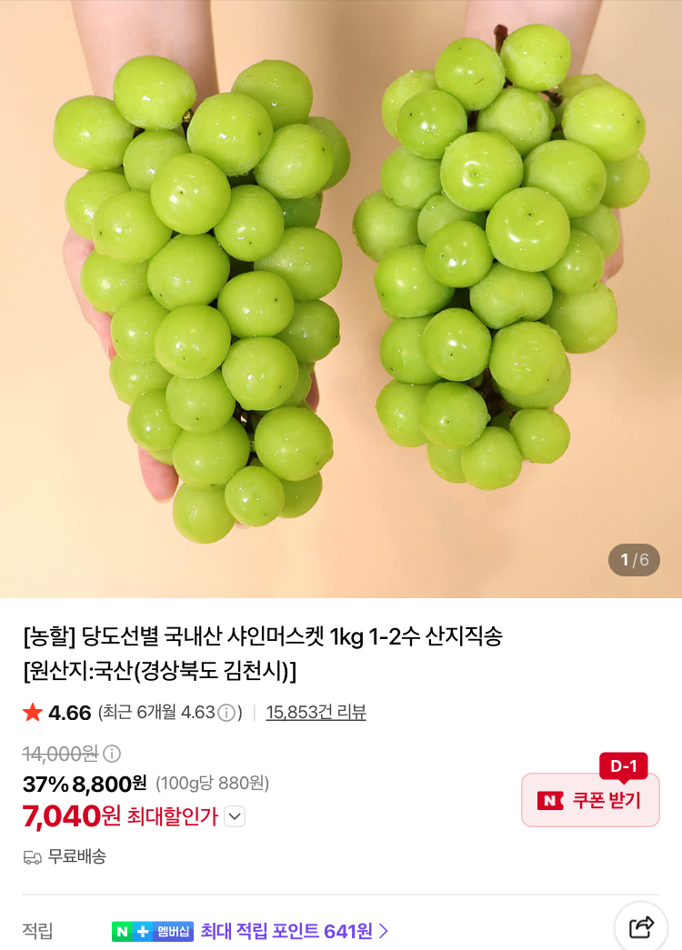 당도선별 국내산 샤인머스켓 1kg 1-2수 7040원