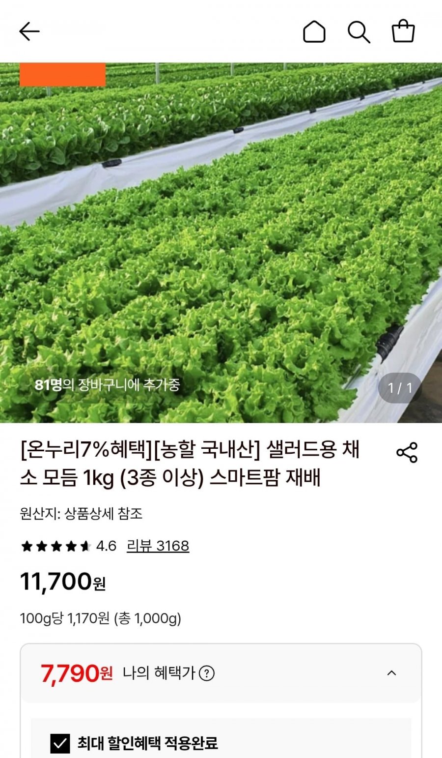 국내산 샐러드용 채소 모듬 1kg (3종 이상) (7,790원/무료)