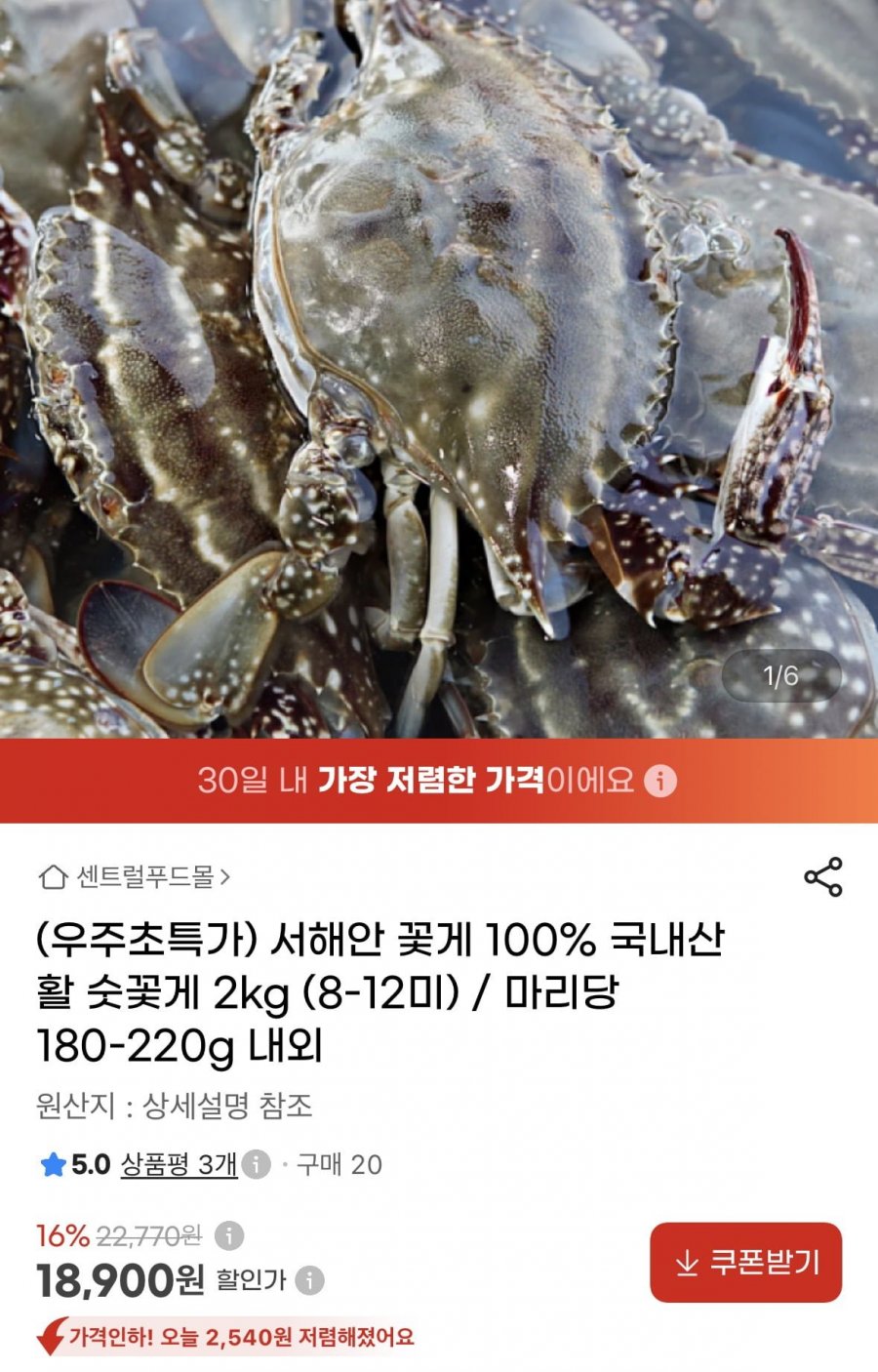 국내산 활꽃게 숫꽃게 2kg 8~12미 (18,900원/무료)