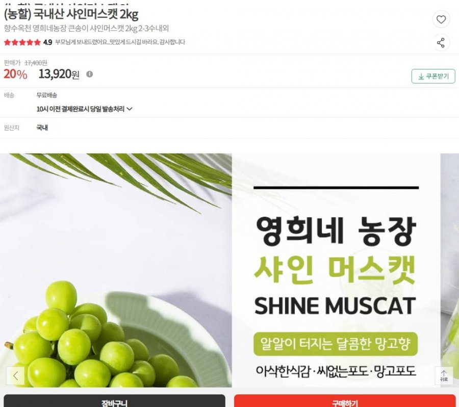 영희네농장 큰송이 샤인머스캣 2kg 2-3수 (13,920/무배)