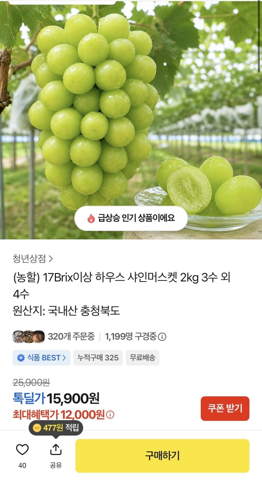 국내산 하우스 샤인머스켓 2kg 3수 (12,000원 / 무배)