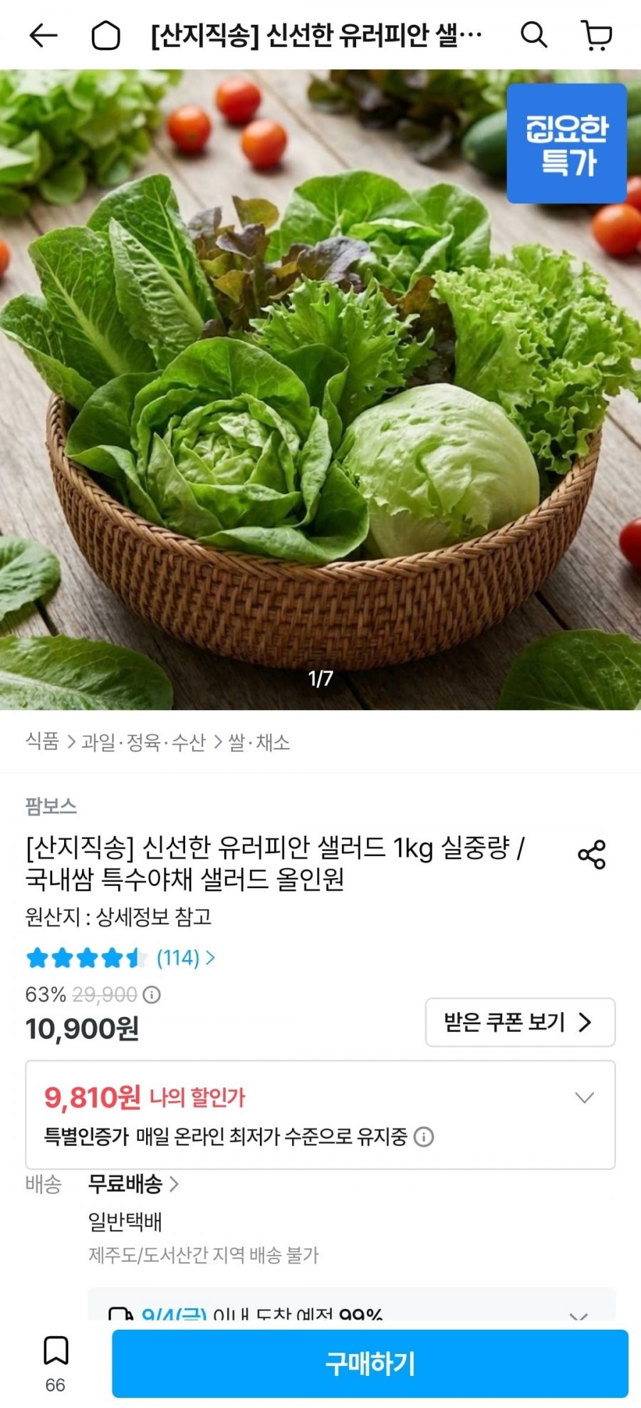 국내산 신선한 유러피안 샐러드 1kg 실중량 (9,810원/무료)