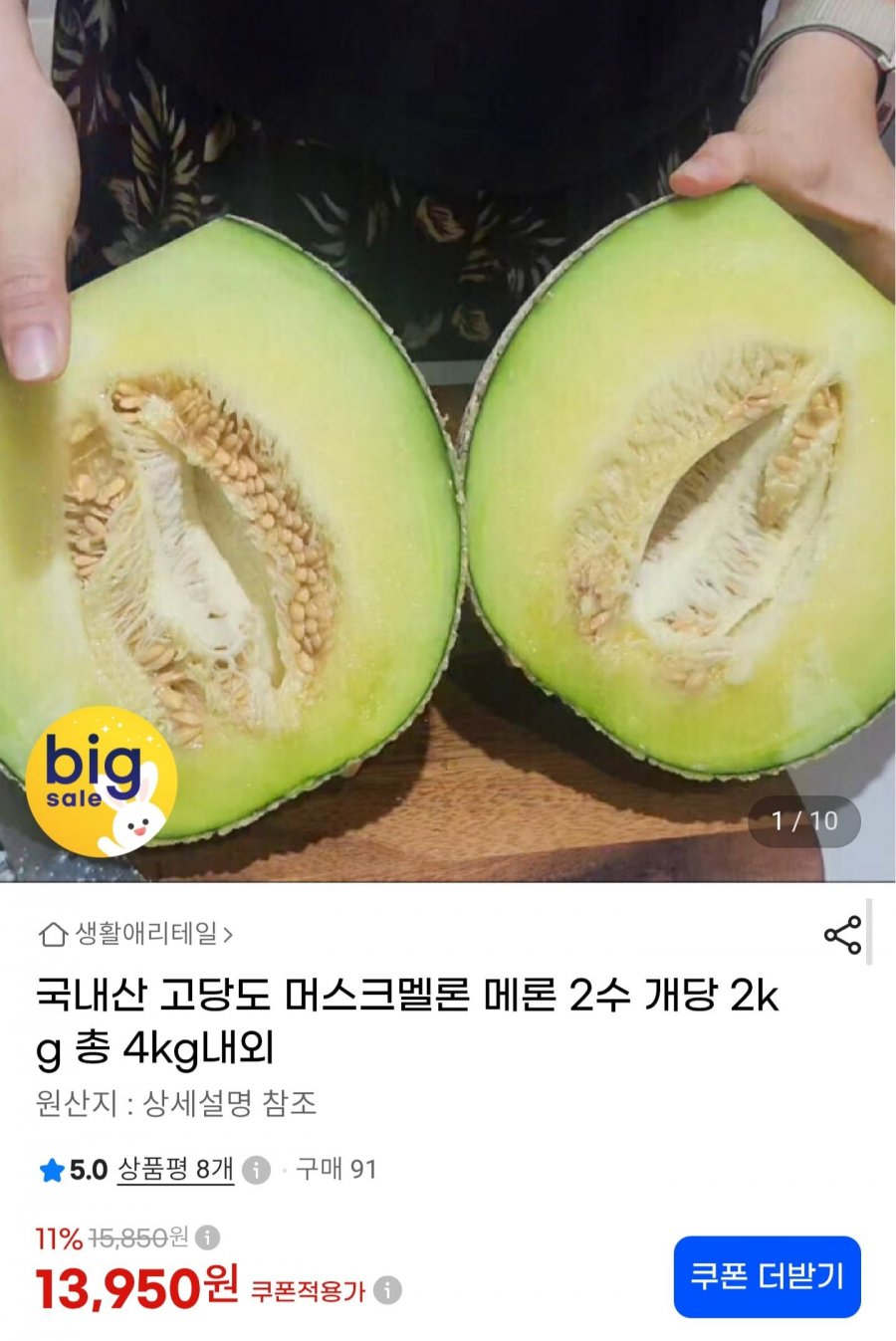 국내산 머스크멜론 2수 4kg (13,950원/무료배송)