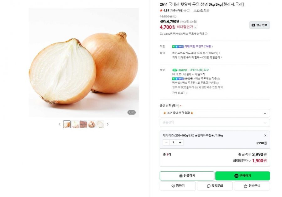국내산 햇양파 무안 창녕 대사이즈 ( 250~400g 내외) (1,900원/네멤무배)