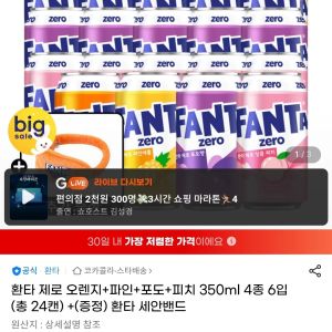 환타 제로 350ml 4종(오렌지/파인/포도/피치) 6입 총 24캔+환타 (13,730원 / 무료) - 특가
