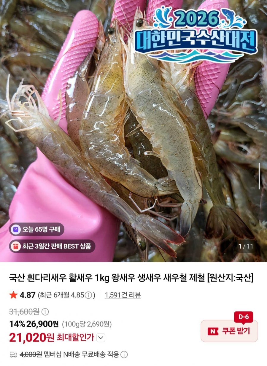 국산 흰다리새우 왕새우 1kg 32미 (21,020원/네멤무배)