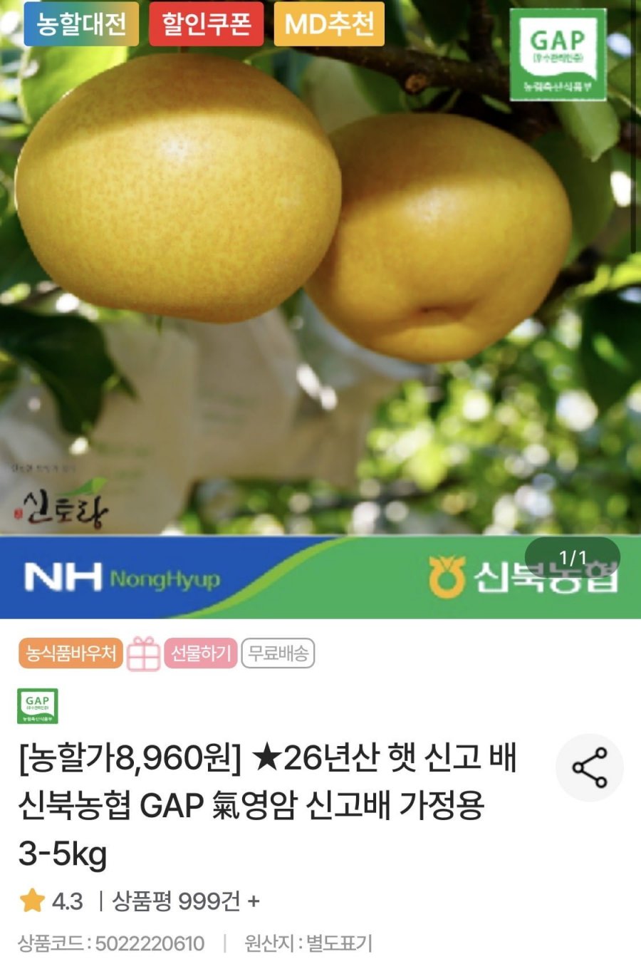 신북농협 GAP 영암 신고배 가정용 3kg 중소과 (8,960원/무료)