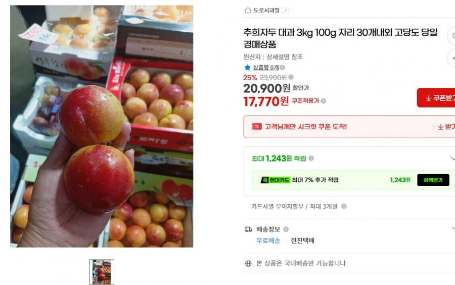추희자두 대과 3kg 100g급 30개 내외 고당도 (17,700원/4