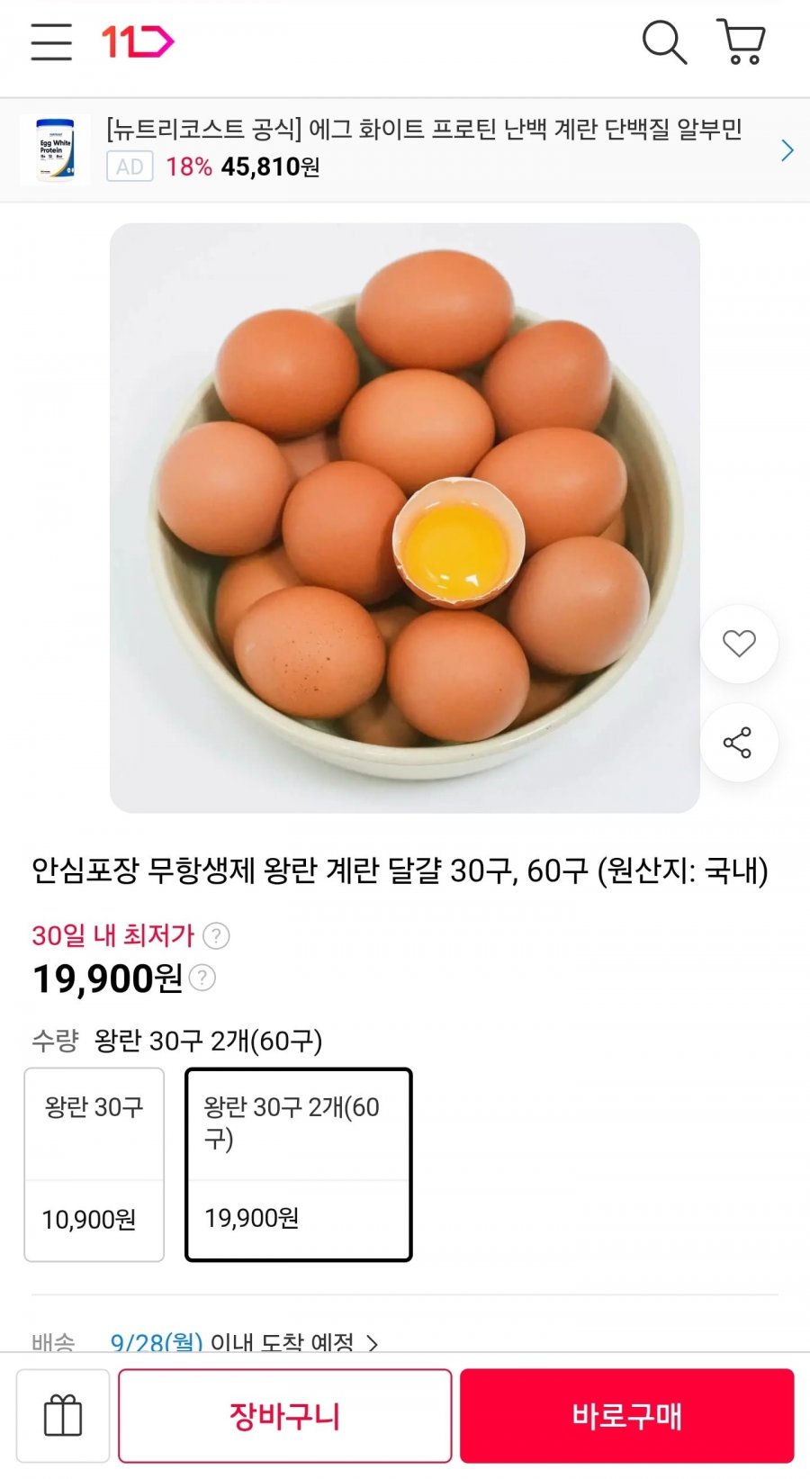 무항생제 왕란 계란 달걀 60구 (19,900원/무료)