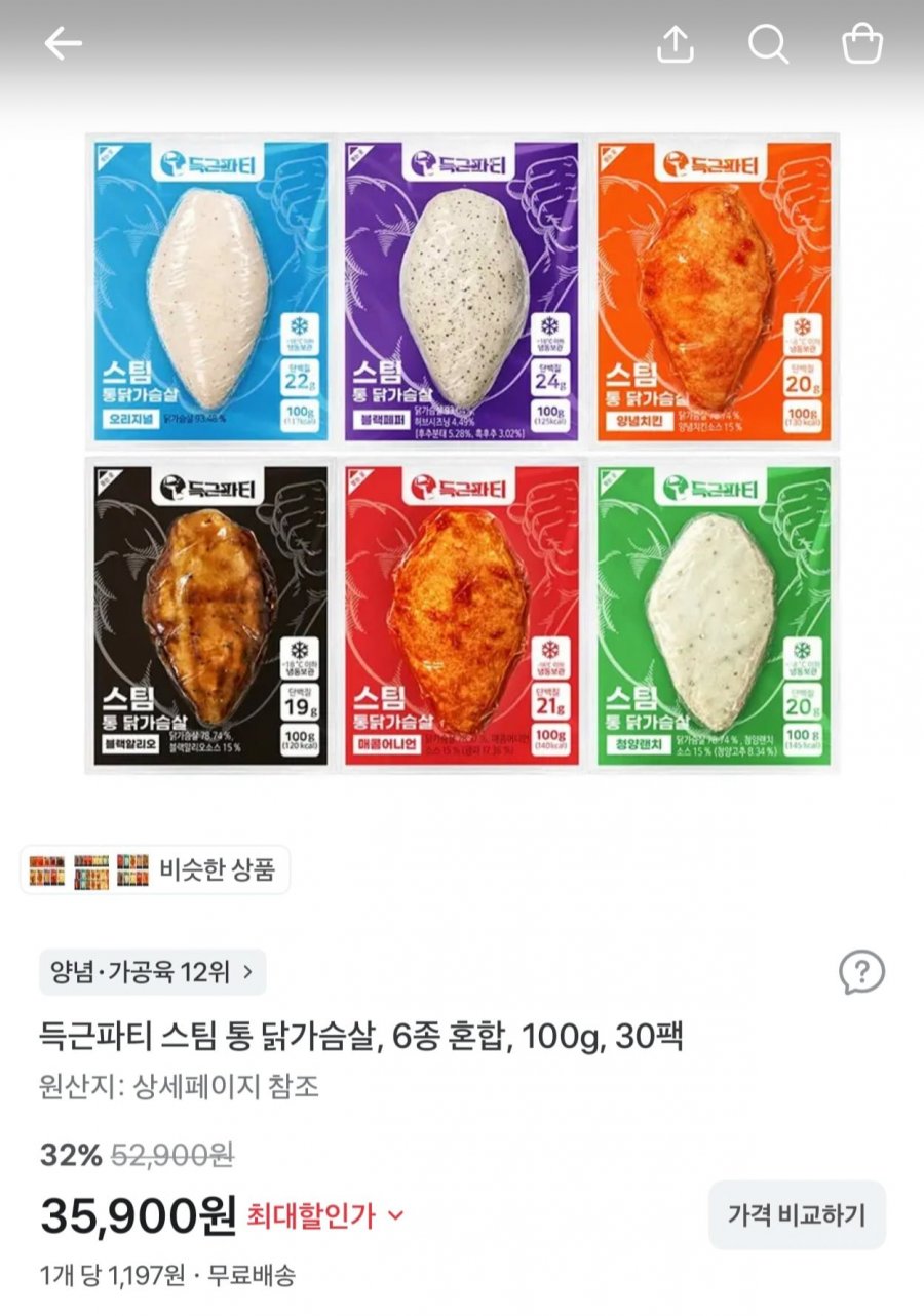 득근파티 스팀 통 닭가슴살 6종 혼합 100g 30팩 (35,900원/무료)