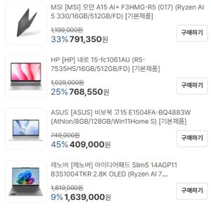 [MSI] 모던 A15 AI+ F3HMG-R5 라이젠AI 5 330/ R (791,350원 / 무료) - 특가