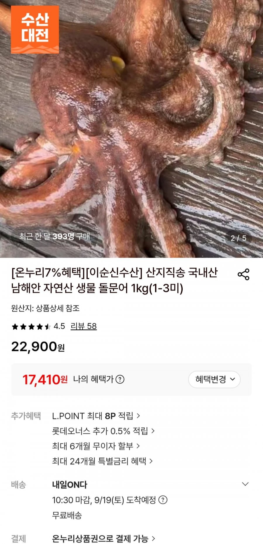 남해 자연산 생물 돌문어 1키로 (1-3미) (17,410원/무료)