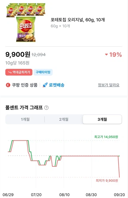 농심 포테토칩 오리지널 60g 10개 (9,900원 / 와우 전용)