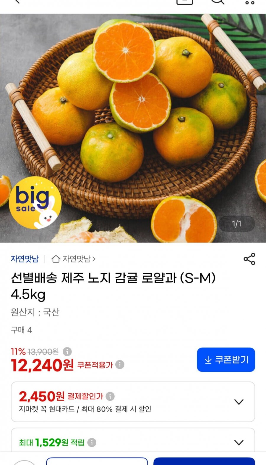 제주 노지감귤 로얄과 4.5kg (12,240원/무배)