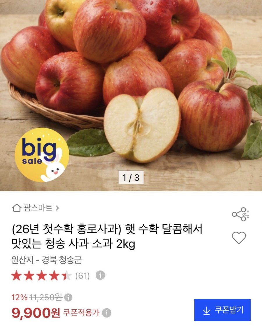 햇 청송 사과 소과 2kg (9,900원/무료)