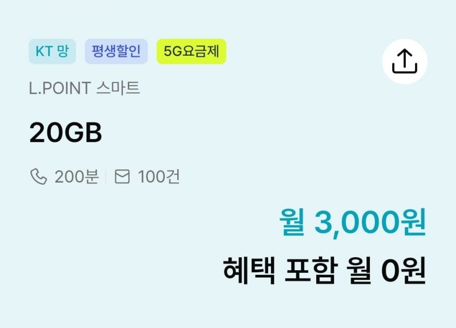 KT망 통화 200분, 데이터 20GB(3,000원/평생)