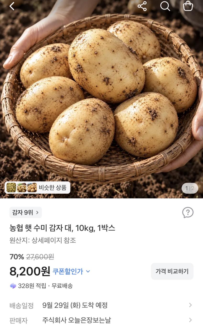 농협 햇 수미 감자 대 10kg 8,200원