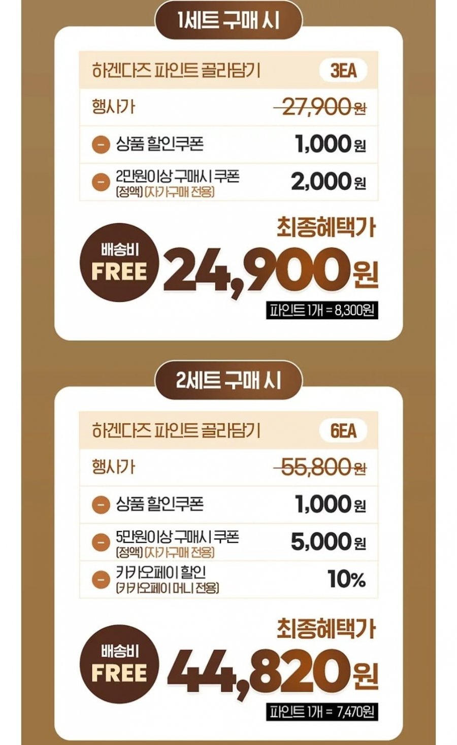 하겐다즈 파인트 3개 1세트(24,900원), 2세트(44,820원)