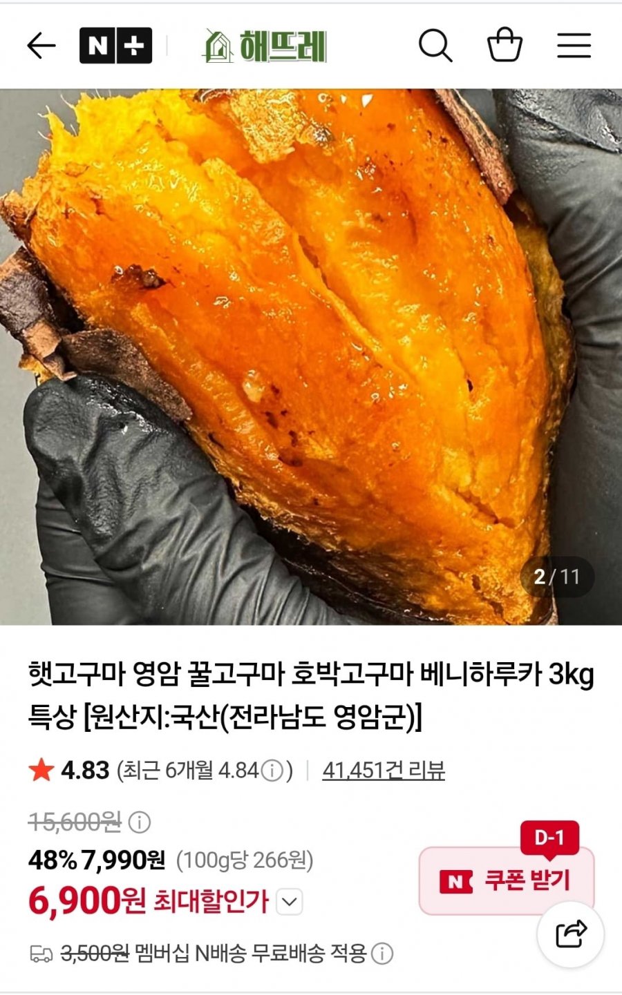 26년 영암 햇 호박고구마 중상/특상 1.5KG(3,300원/네멤무료)
