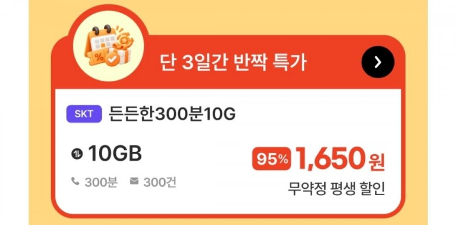 SKT망 통화 300분 데이터 10GB(1,650원/평생)
