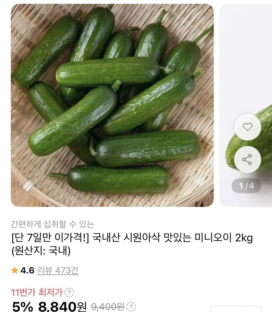 국내산 미니오이 2kg (8,840원/무료)