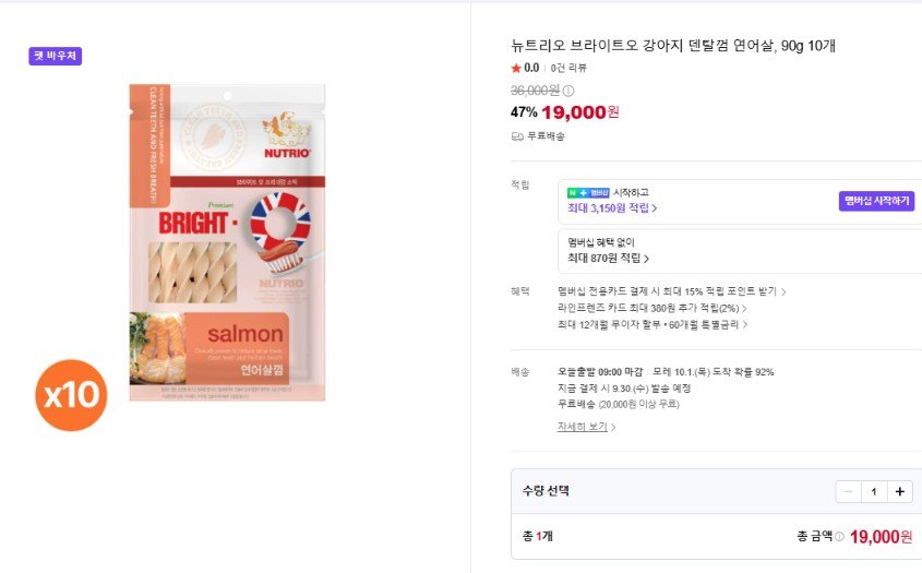 브라이트오 강아지 덴탈껌 연어살, 90g 10개 (19,000원/무료)