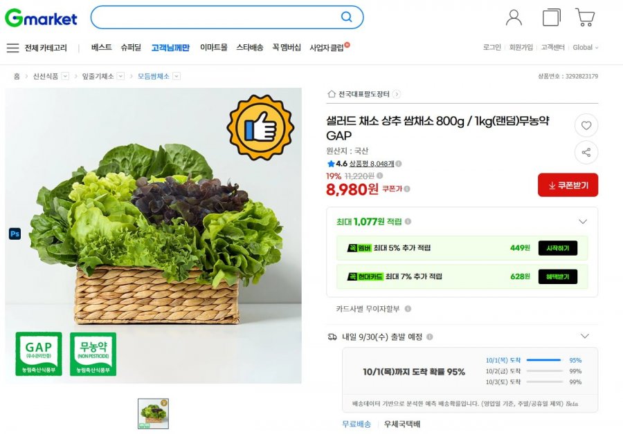 샐러드 채소 800g 무농약 (8,980원/무료)
