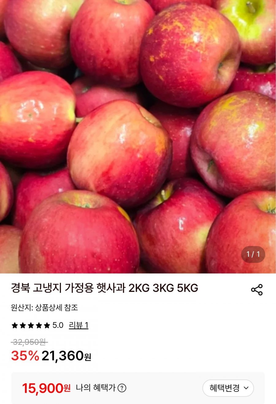 경북 고냉지 햇사과 3kg 상등급 (15,900원/무료)