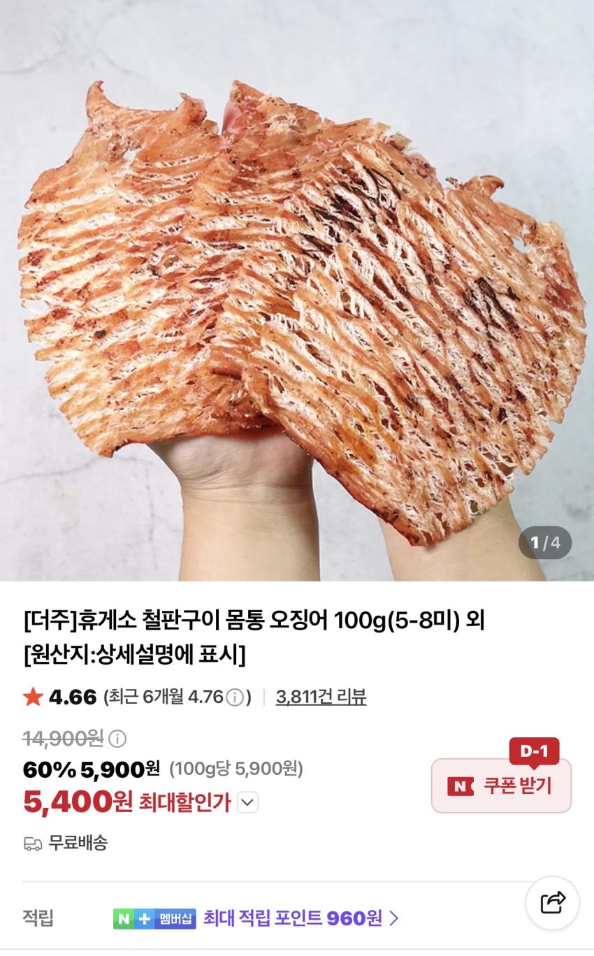 더주 휴게소 철판구이 몸통 오징어 100g 5-8미 5,800원