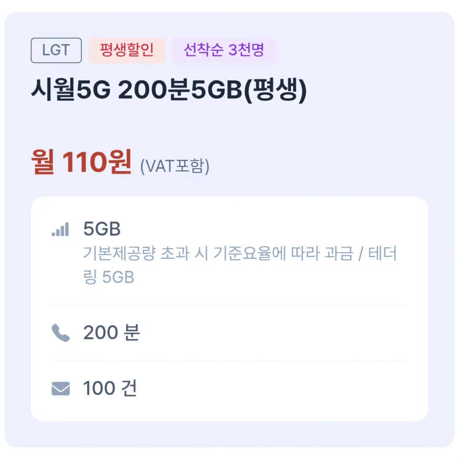 5G 평생 5GB/200분/100건 110원