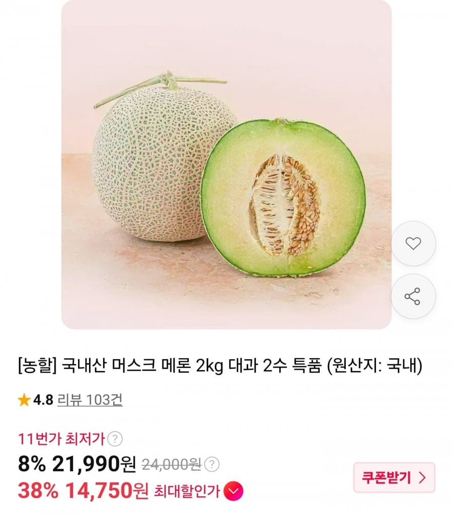 국내산 머스크 메론 2kg 대과 2수 특품 (14,750원/무료)