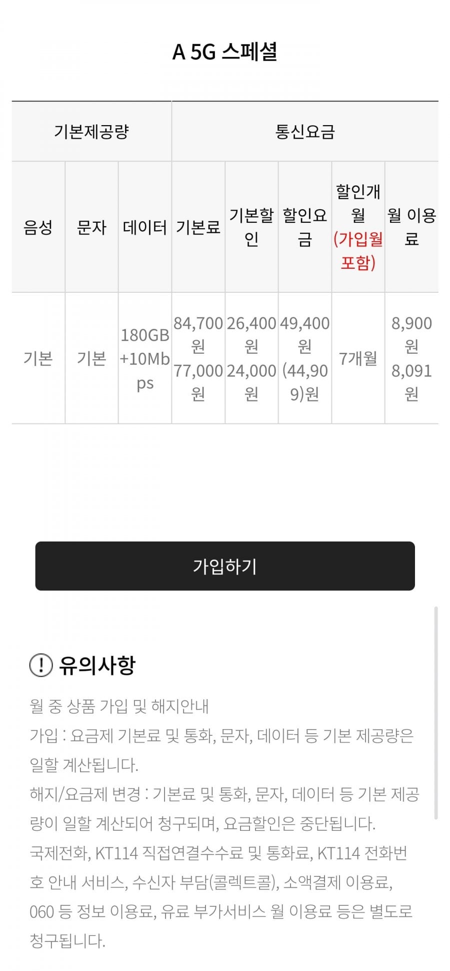 U+알뜰폰 5g망 180gb+10mbps 음성문자무제한 7개월 (8,900원/무료)