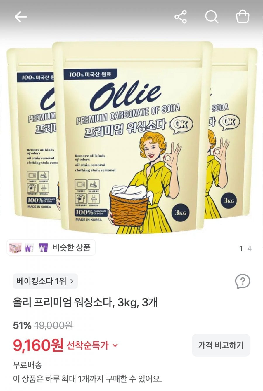 프리미엄 워싱소다, 3kg, 3개 (9,160원/무료)