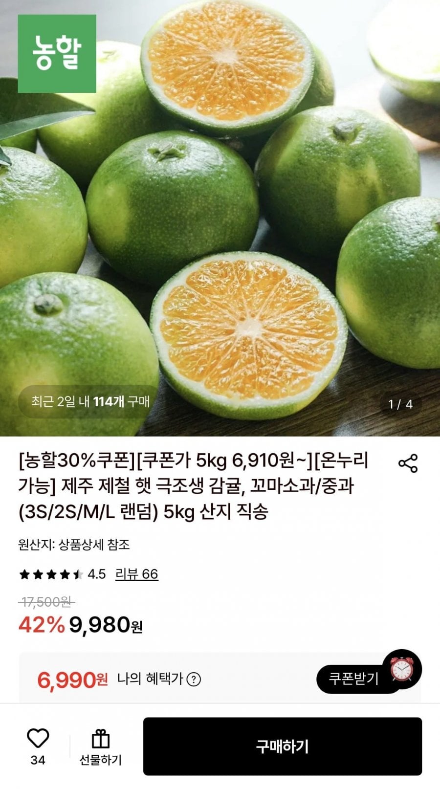 제주 제철 햇 극조생 감귤 5kg (6,990원/무료)