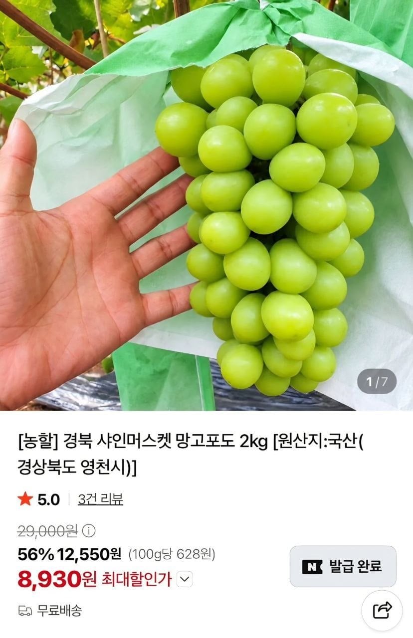 (농할) 경북 샤인머스켓 2kg (8,930원/무료)