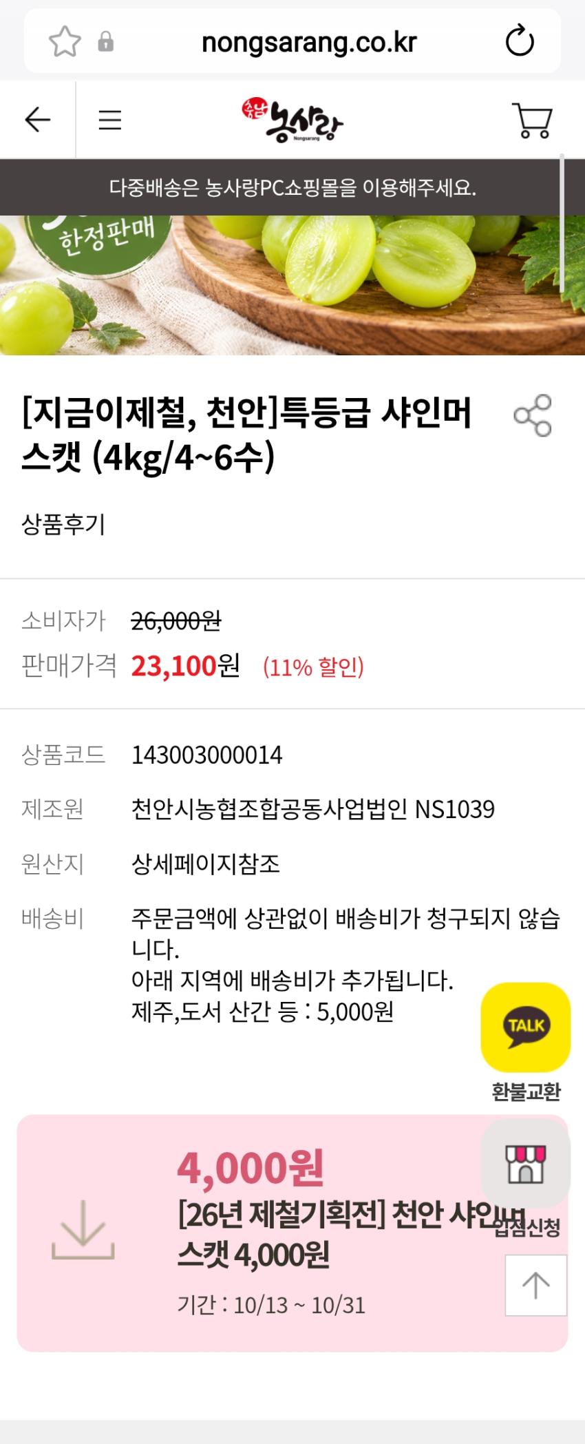 샤인머스켓 특품 4kg 19,100