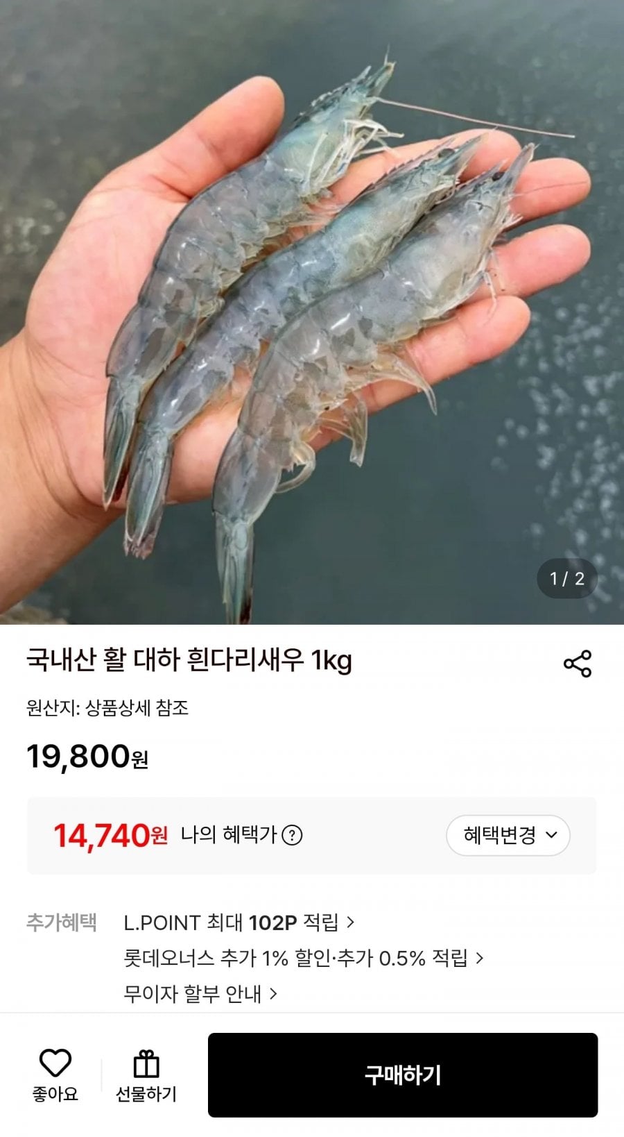 국내산 활 대하 흰다리새우 1kg 35미 내외 (14,740원/무료)