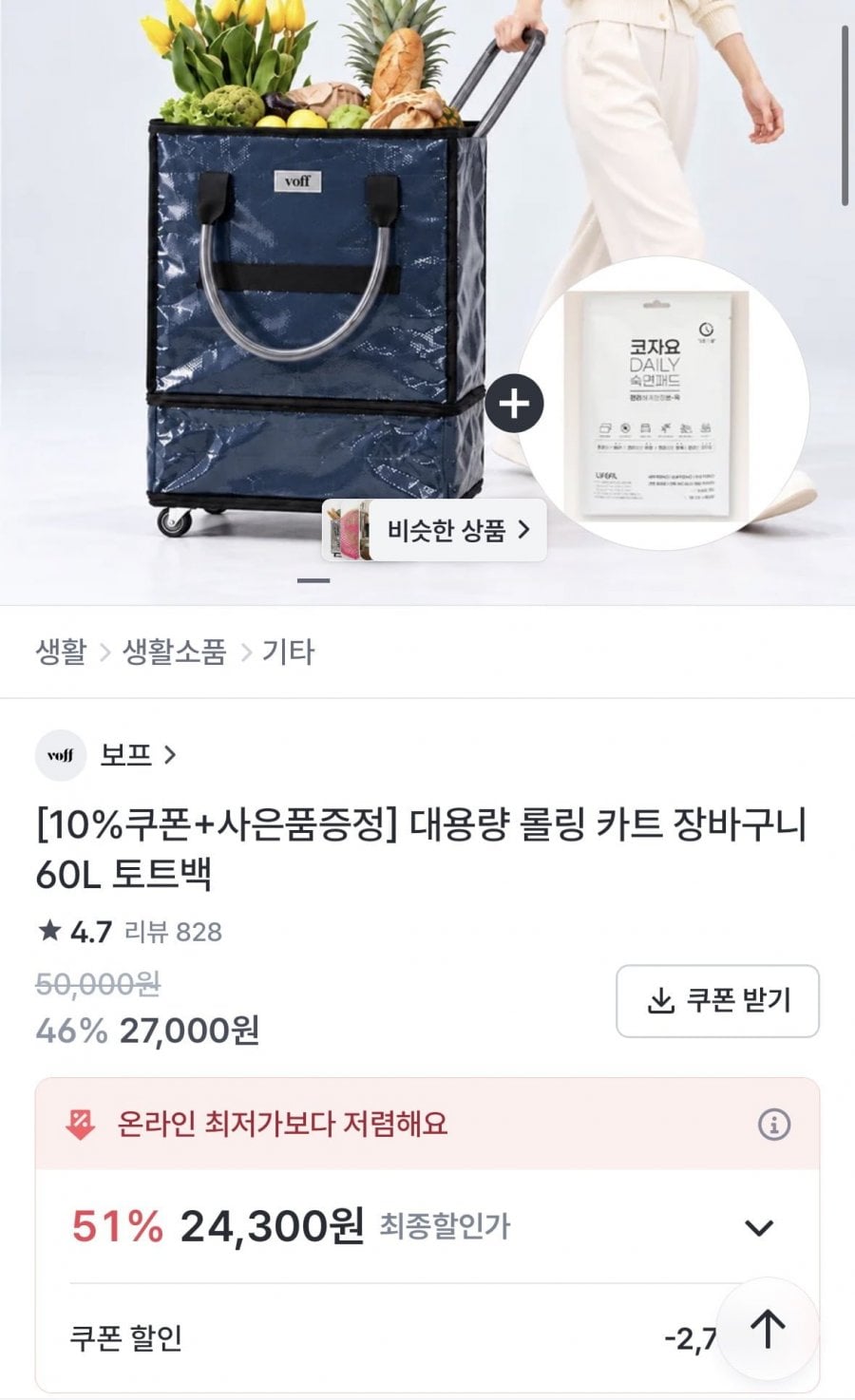 대용량 롤링 카트 장바구니 60L 토트백 (24,300원/무료배송)