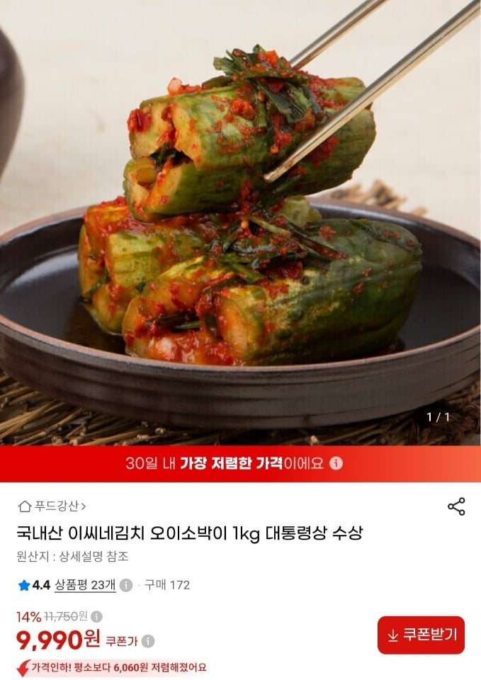 국내산 오이소박이 1kg (9,990원/무료)