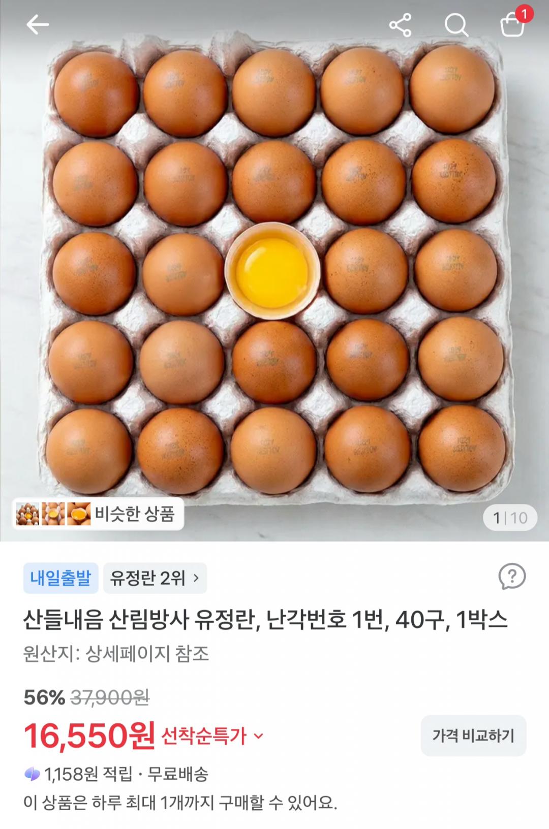 산림방사 유정란 난각번호 1번 40구 (16,550원/무료)