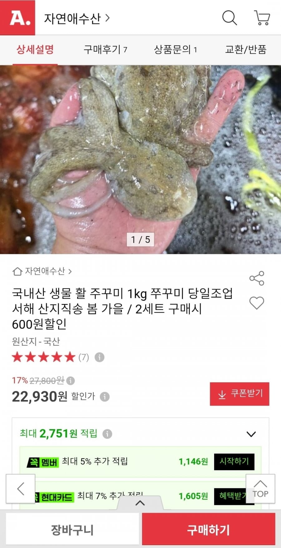 국내산 생물 활 주꾸미 1kg 15~20미 (22,930원/무배)