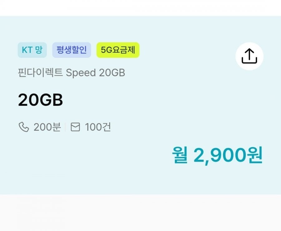 KT망, 200분, 20GB(월 2,900원/평생)