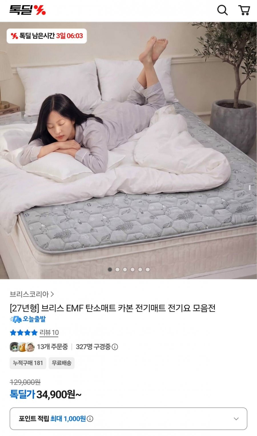 27년형 브리스 EMF 초절전형 탄소매트 (34,900원/무료)