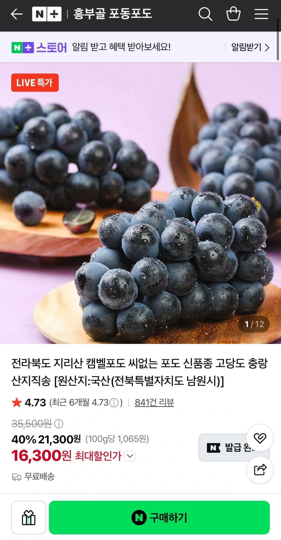 지리산 씨없는 충랑포도 1.5kg (16,300원/무료)