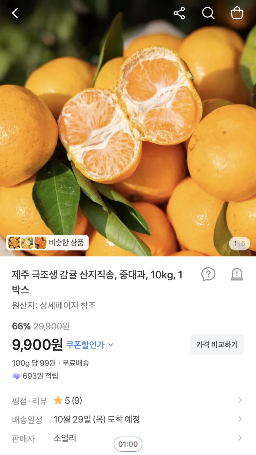 제주 극조생 감귤 산지직송 중대과 10kg 9,900원
