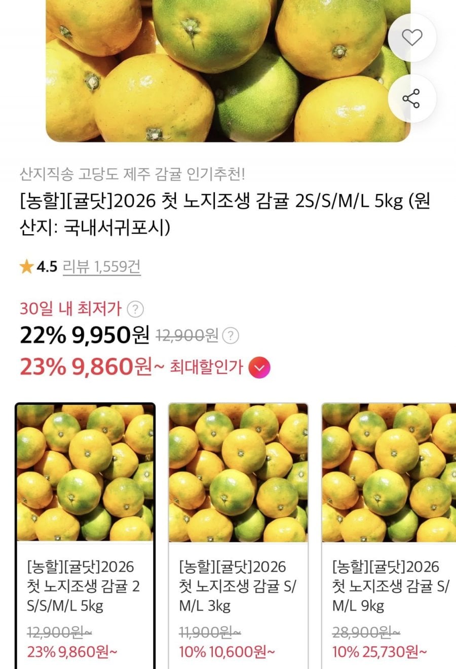 26년 노지조생 감귤 중대과 5kg (9,950원/무료)