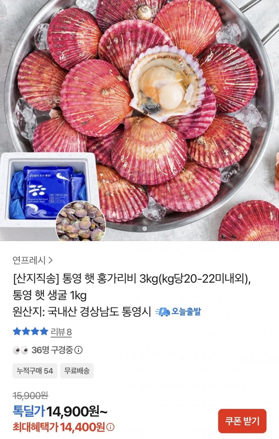 통영 햇 홍가리비 3kg (kg당 20-22미내외) (14,400원/무료)