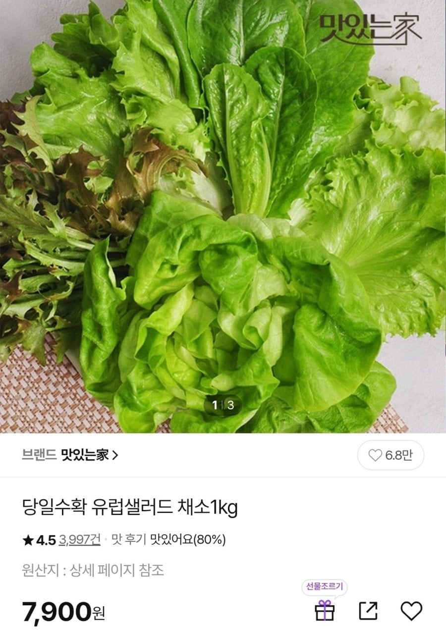당일수확 유럽샐러드 채소1kg (7,900원/무배)