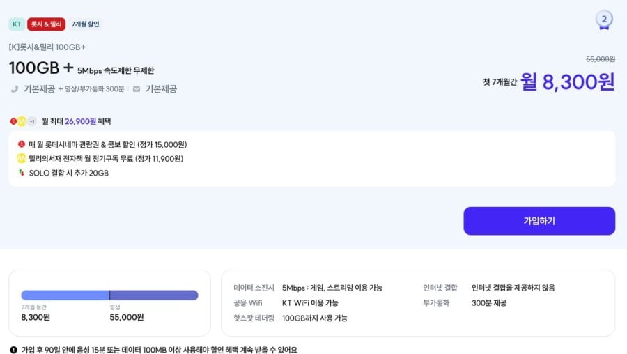 KT망 100GB+5Mbps 롯데시네마 할인권 / 밀리의서재 포함 (8,300원/7개월)