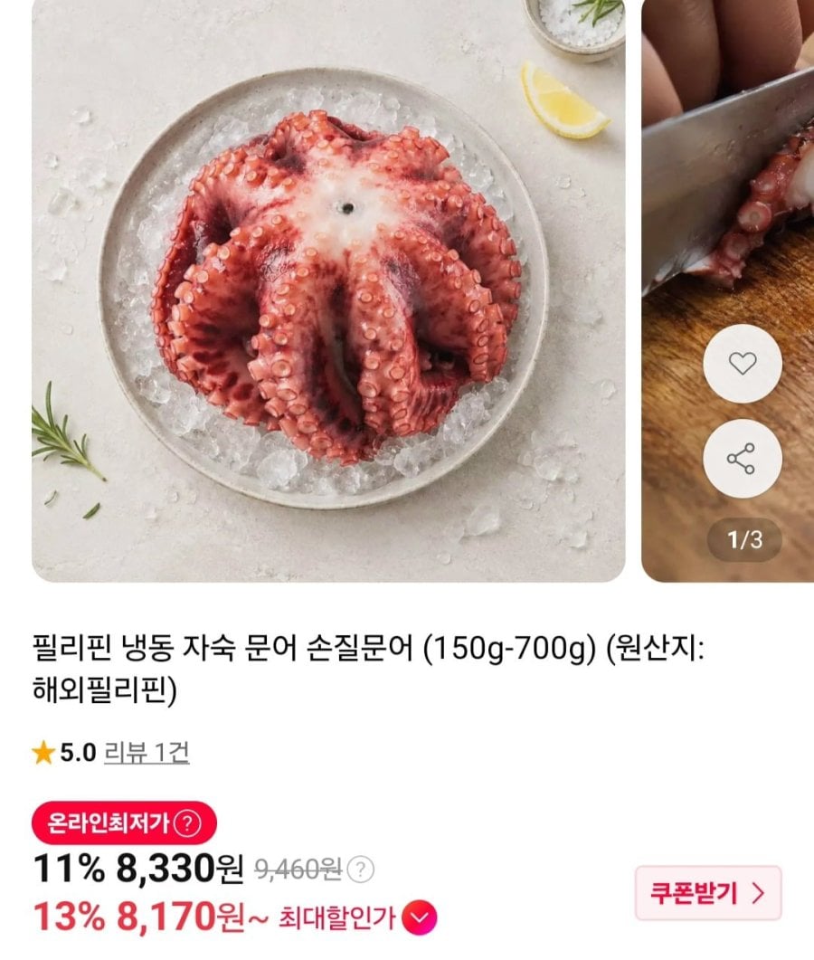 필리핀 냉동 자숙 문어 손질문어 (150g-200g) (8,330원/무료)